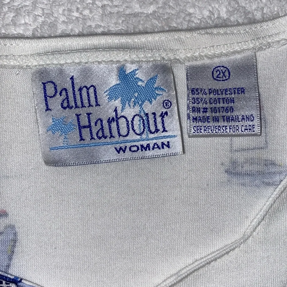 Palm Harbor White Nautical Print lighthouse sailboat vneck pullover 2x - Picture 3 of 7